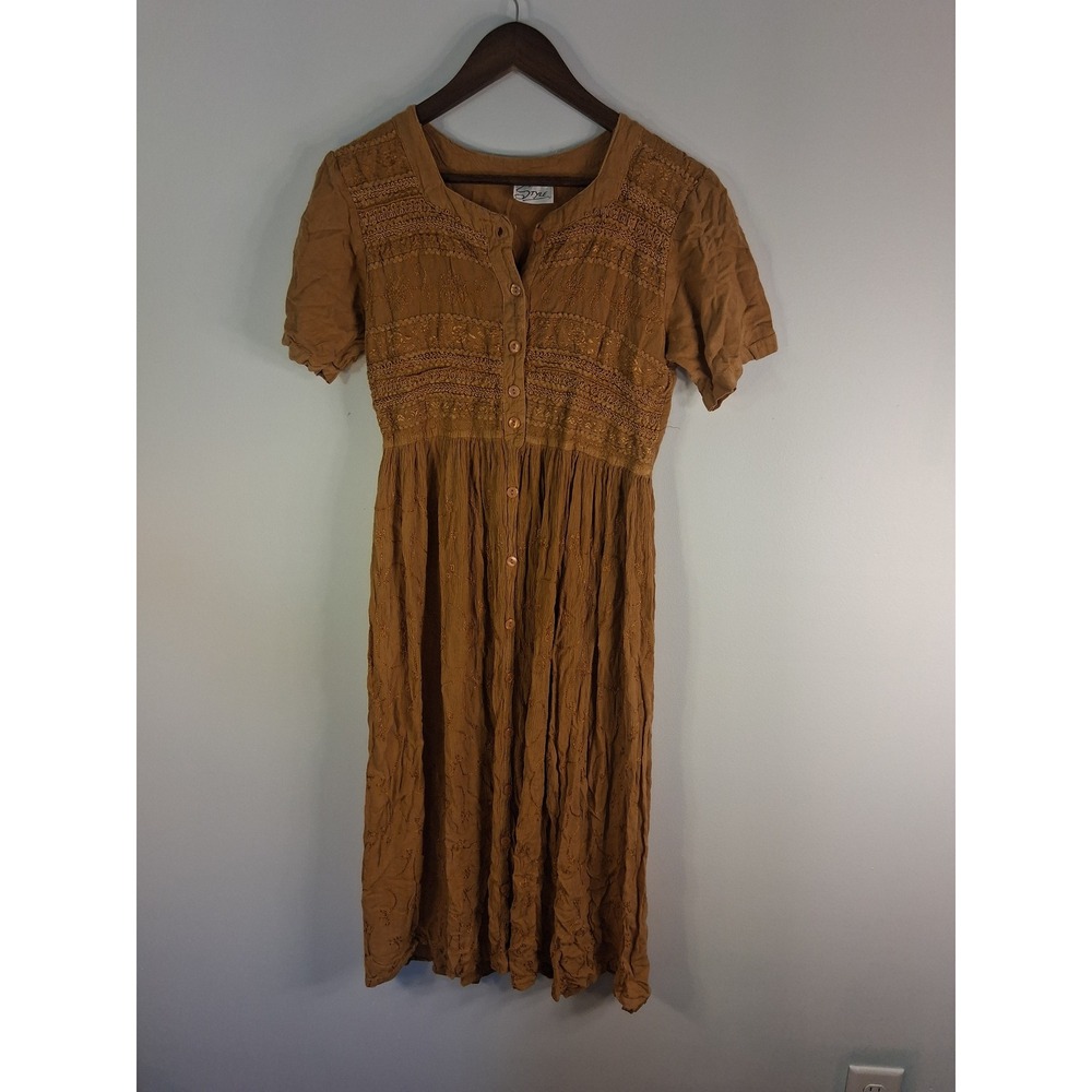 [Cottagecore] Style‎ Midi Dress Womens Size S Brown Embroidered Button Up Boho